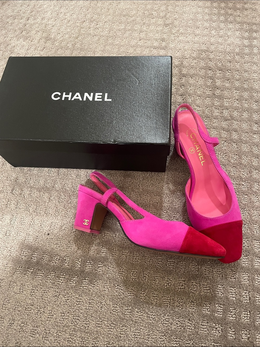 NOT CHANEL Two-Tone Pink and Red Suede Slingback Block Heels